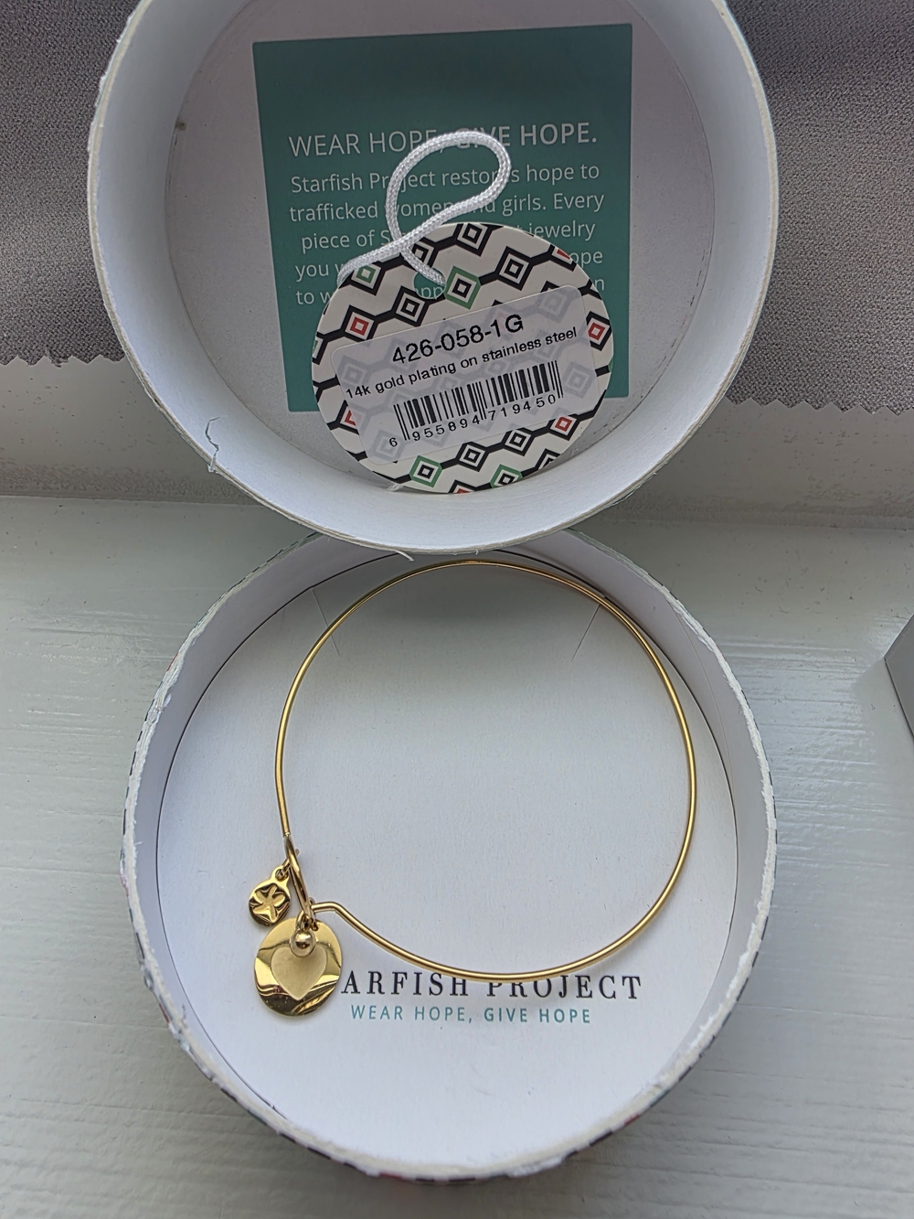 14K Gold Plated Heart Charm Bangle - Gold